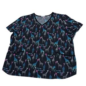 Scrubstar Womens Blue Giraffe Print V-NeScrubck Scrub Uniform Shirt Size 3X